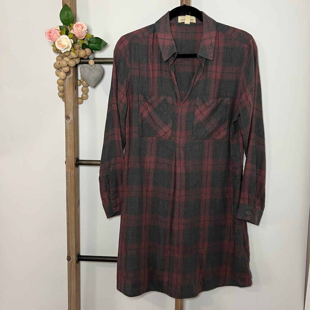Cloth and Stone Faded Red Gray Plaid Rayon Tunic Dress Size Small